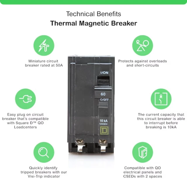 Alt view image 3 of 7 - Genuine Square D QO260 60 Amp Double Pole Circuit Breaker Kit UL Listed, Plug-On Replacement for QO Load Center Panel Box, 60A, 120/240V, 10kAIC, 60Amp, 2 Pole QO Circuit Breaker, 1 Pack