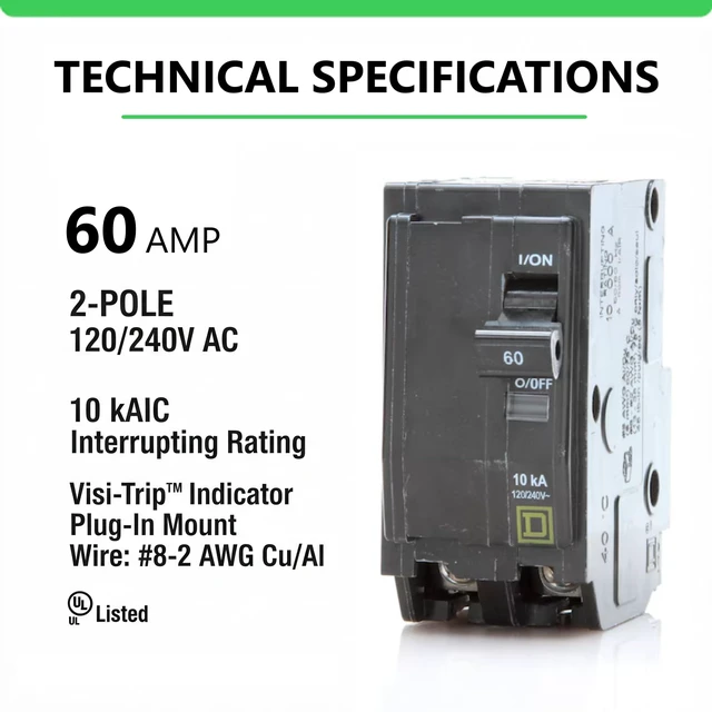 Alt view image 2 of 7 - Genuine Square D QO260 60 Amp Double Pole Circuit Breaker Kit UL Listed, Plug-On Replacement for QO Load Center Panel Box, 60A, 120/240V, 10kAIC, 60Amp, 2 Pole QO Circuit Breaker, 1 Pack