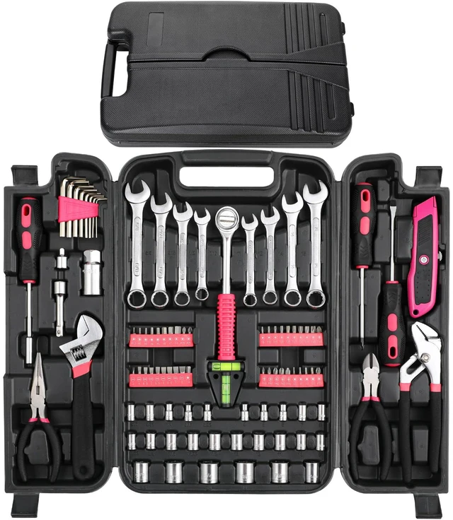 Main image of 95-Piece Home Tool Set with Storage Case, Pink Wrench, Pliers, Sockets And Bits in One Case; Household Maintenance, Apartment Projects And DIY Repairs