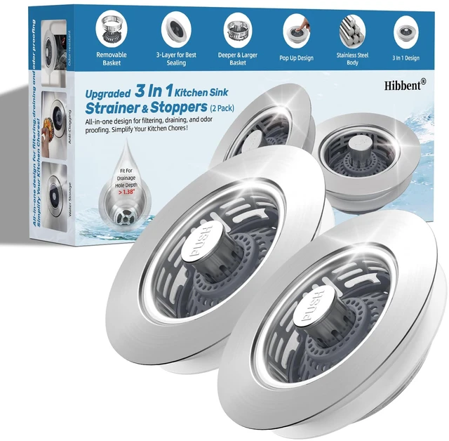 Main image of 2 Pack Metal Kitchen Sink Drain Strainer and Stopper, Transparent Upgraded Universal 3 in 1 Pop Up Design, Detachable Larger Anti-Clog Basket, 3-Layer Seal Plug for Standard 3-1/2" Drain