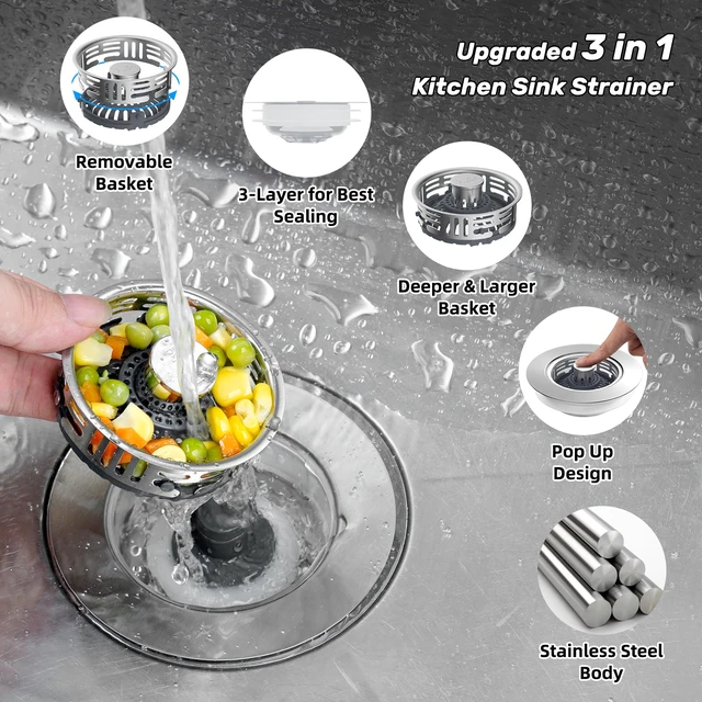 Alt view image 2 of 7 - 2 Pack Metal Kitchen Sink Drain Strainer and Stopper, Transparent Upgraded Universal 3 in 1 Pop Up Design, Detachable Larger Anti-Clog Basket, 3-Layer Seal Plug for Standard 3-1/2" Drain