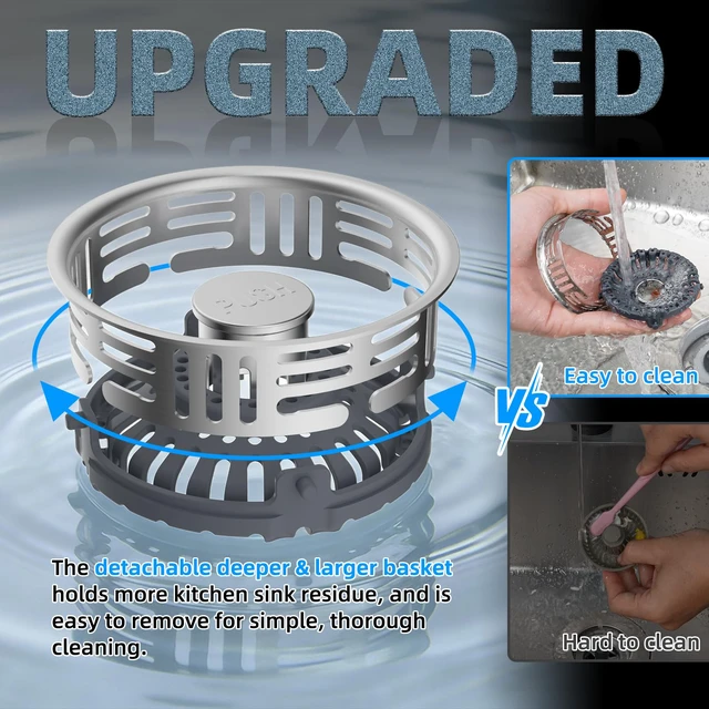 Alt view image 4 of 7 - 2 Pack Metal Kitchen Sink Drain Strainer and Stopper, Transparent Upgraded Universal 3 in 1 Pop Up Design, Detachable Larger Anti-Clog Basket, 3-Layer Seal Plug for Standard 3-1/2" Drain