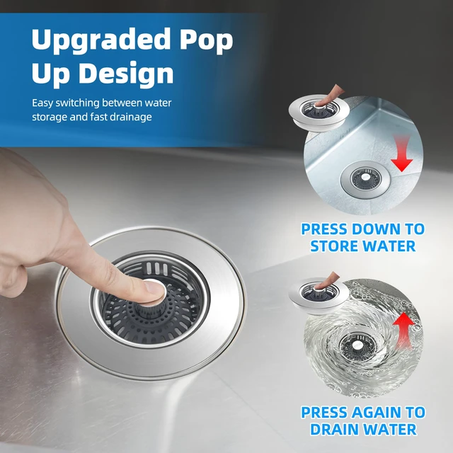 Alt view image 5 of 7 - 2 Pack Metal Kitchen Sink Drain Strainer and Stopper, Transparent Upgraded Universal 3 in 1 Pop Up Design, Detachable Larger Anti-Clog Basket, 3-Layer Seal Plug for Standard 3-1/2" Drain
