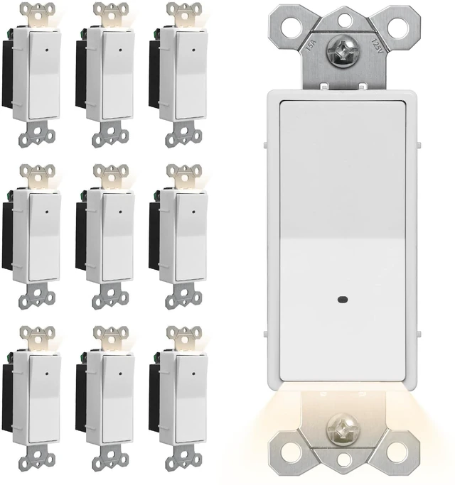 Main image of Illuminated Guide Light Switch for Hallway, Bedroom, Bathroom, 10 Pack Single Pole Decor Paddle Rocker Wall Switch, Dusk to Dawn On/Off Light Sensor, 15 Amp 120V Grounding Wire, ETL Listed, White