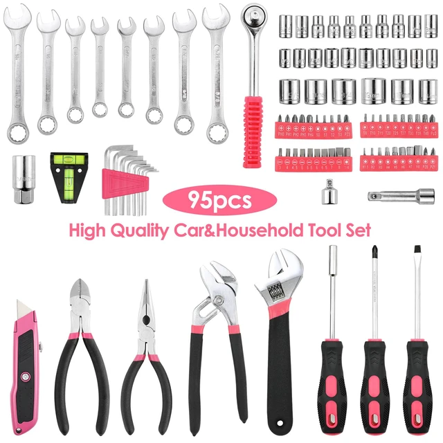 Alt view image 4 of 7 - 95-Piece Home Tool Set with Storage Case, Pink Wrench, Pliers, Sockets And Bits in One Case; Household Maintenance, Apartment Projects And DIY Repairs