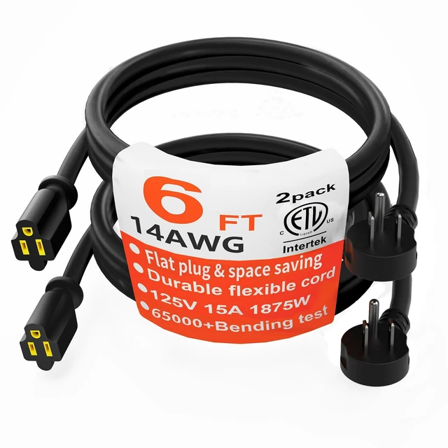 Main image of 14 Gauge 6 FT 2 Pack Black Flat Plug Extension Cord, Indoor Low Profile Flat Plug, Heavy Duty 3 Prong Grounded, Flexible SJTW, 15A 1875W 125V, ETL Listed, Home/Workshop/Outdoor