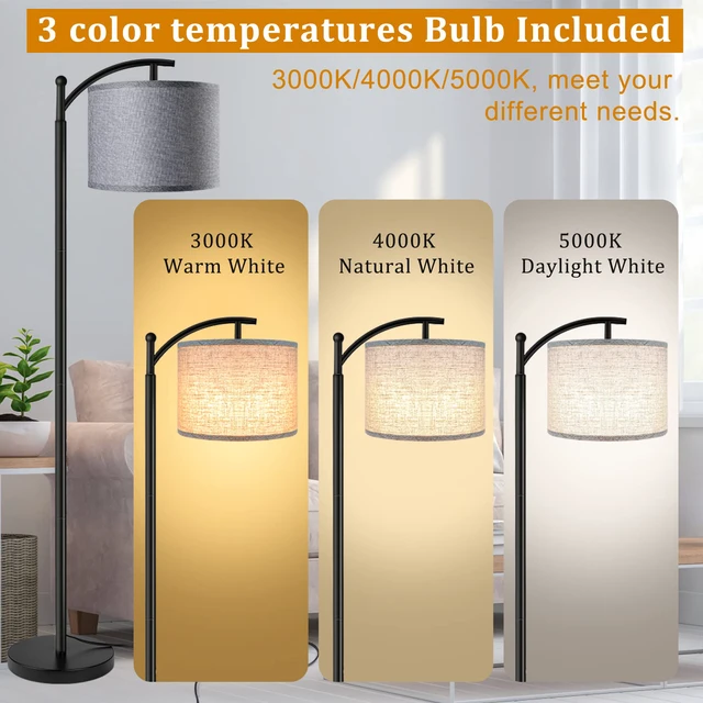 Alt view image 2 of 6 - Floor Lamp with 3CCT LED Bulb, Gray Linen Lamp Shade for Living Room, Modern Standing Lamp for Bedrooms - Black