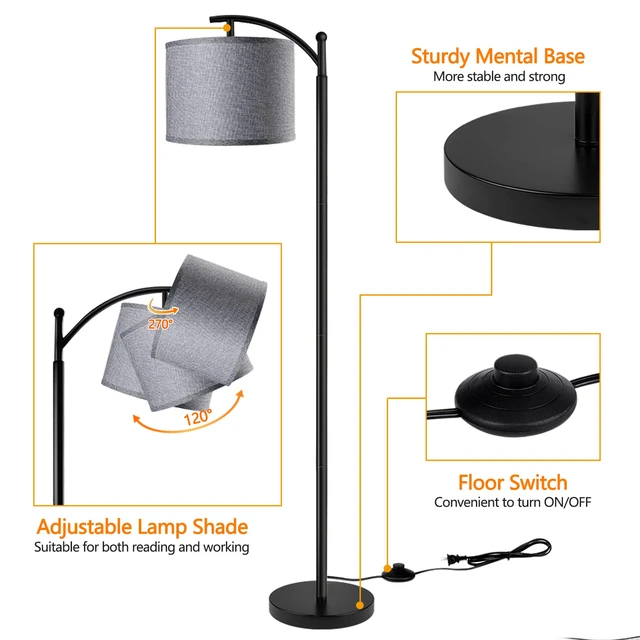 Alt view image 3 of 6 - Floor Lamp with 3CCT LED Bulb, Gray Linen Lamp Shade for Living Room, Modern Standing Lamp for Bedrooms - Black