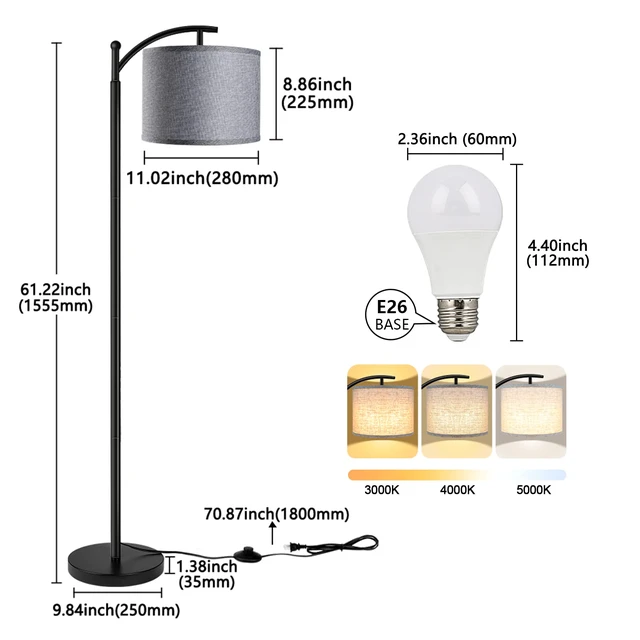 Alt view image 4 of 6 - Floor Lamp with 3CCT LED Bulb, Gray Linen Lamp Shade for Living Room, Modern Standing Lamp for Bedrooms - Black