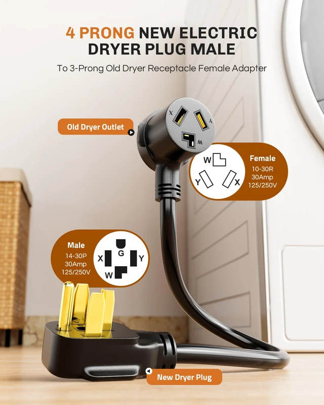 Alt view image 2 of 7 - 1.5FT 3 Prong to 4 Prong Dryer Adapter, 3 to 4 Prong Dryer Plug Adapter, 4 Prone Dryer Outlet Adapter, 14-30P Male to 10-30R Female Receptacle for Old Clothes Dryer Converter, 30A, 250V