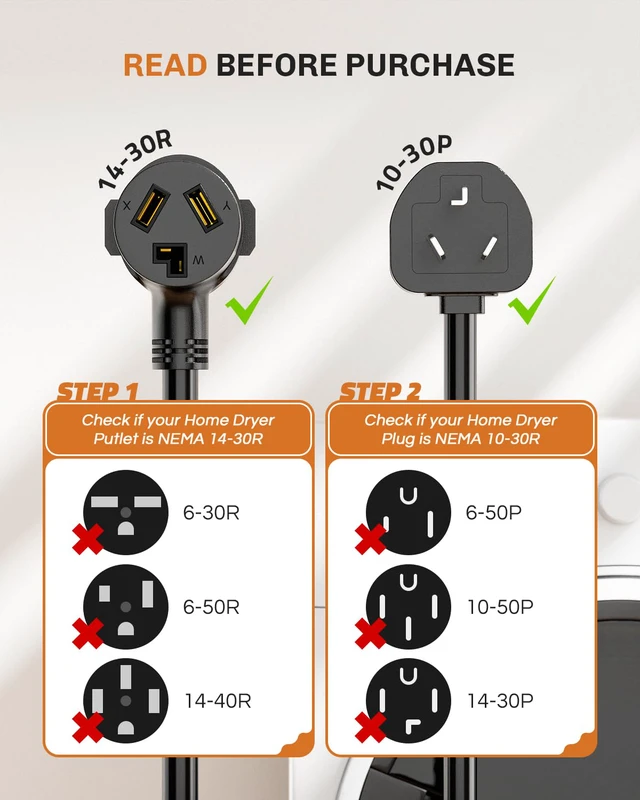 Alt view image 4 of 7 - 1.5FT 3 Prong to 4 Prong Dryer Adapter, 3 to 4 Prong Dryer Plug Adapter, 4 Prone Dryer Outlet Adapter, 14-30P Male to 10-30R Female Receptacle for Old Clothes Dryer Converter, 30A, 250V