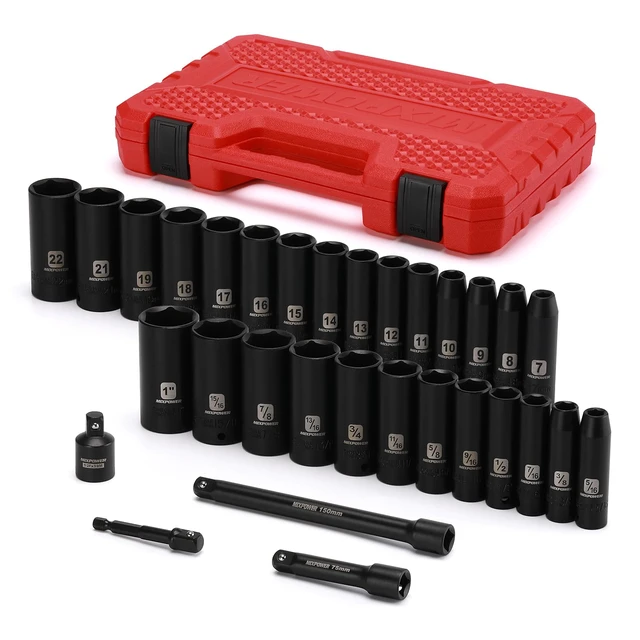 Main image of 3/8" Drive Deep Impact Socket Set, 6 Point, 31 Piece SAE and Metric Socket Set, 7-22mm, 5/16"-1", Cr-V Steel Mechanic Socket Set