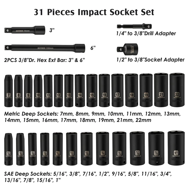 Alt view image 2 of 7 - 3/8" Drive Deep Impact Socket Set, 6 Point, 31 Piece SAE and Metric Socket Set, 7-22mm, 5/16"-1", Cr-V Steel Mechanic Socket Set