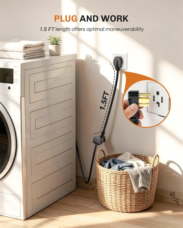 Alt view image 7 of 7 - 1.5FT 3 Prong to 4 Prong Dryer Adapter, 3 to 4 Prong Dryer Plug Adapter, 4 Prone Dryer Outlet Adapter, 14-30P Male to 10-30R Female Receptacle for Old Clothes Dryer Converter, 30A, 250V