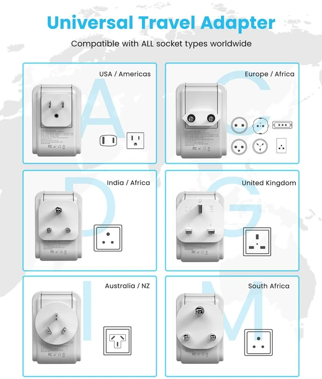 Alt view image 4 of 7 - Universal Travel Adapter, PD 35W Type A,C,G,D,I,M Detachable Plugs 7 in 1 with 4 AC 3 USB Ports (2 USB C), Compact Kit for Travel, International Power Adapter for US Europe UK India Africa AUS