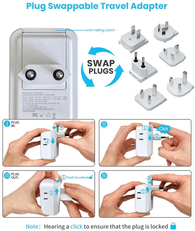 Alt view image 5 of 7 - Universal Travel Adapter, PD 35W Type A,C,G,D,I,M Detachable Plugs 7 in 1 with 4 AC 3 USB Ports (2 USB C), Compact Kit for Travel, International Power Adapter for US Europe UK India Africa AUS