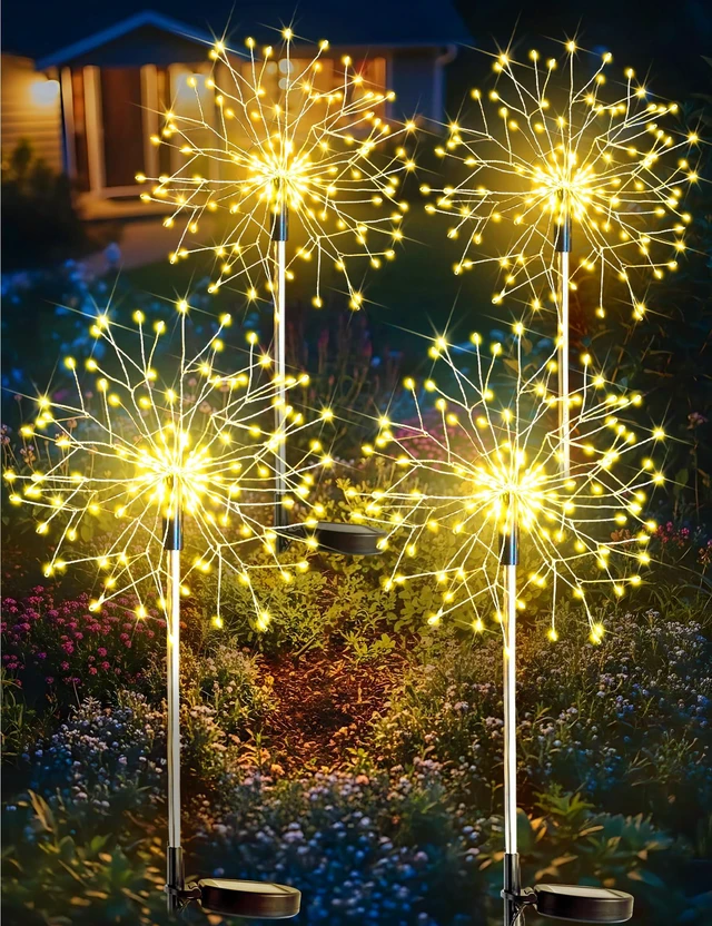 Main image of Solar Garden Lights Outdoor Waterproof Decorative, 4Pack 150LED Firework Lights, Solar Fairy Lights for Yard, Garden, Patio, Pathway, Flowerbed, Party, Wedding Outside Decor- Warm White