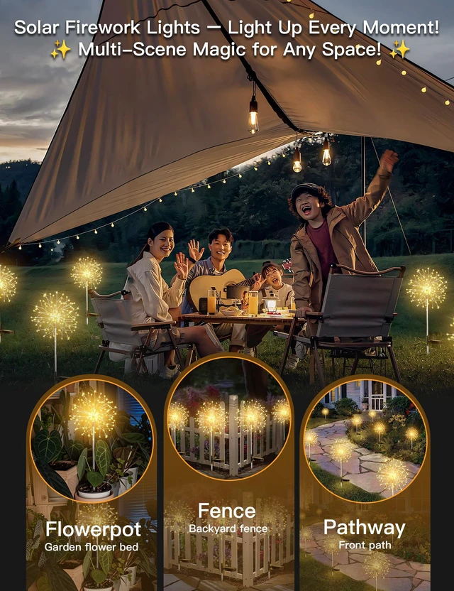 Alt view image 2 of 7 - Solar Garden Lights Outdoor Waterproof Decorative, 4Pack 150LED Firework Lights, Solar Fairy Lights for Yard, Garden, Patio, Pathway, Flowerbed, Party, Wedding Outside Decor- Warm White