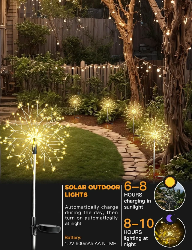 Alt view image 3 of 7 - Solar Garden Lights Outdoor Waterproof Decorative, 4Pack 150LED Firework Lights, Solar Fairy Lights for Yard, Garden, Patio, Pathway, Flowerbed, Party, Wedding Outside Decor- Warm White