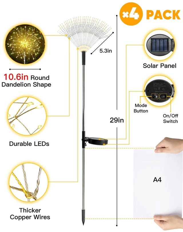 Alt view image 6 of 7 - Solar Garden Lights Outdoor Waterproof Decorative, 4Pack 150LED Firework Lights, Solar Fairy Lights for Yard, Garden, Patio, Pathway, Flowerbed, Party, Wedding Outside Decor- Warm White