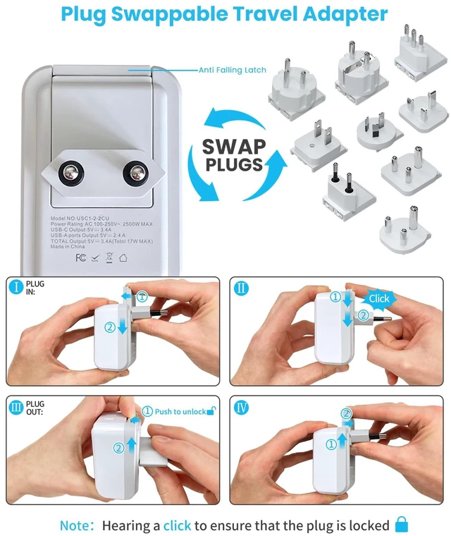 Alt view image 5 of 6 - Universal Travel Adapter, Type A,C,D,E/F,G,H,I,L,M Detachable Plugs 5 in 1 with 2 AC 3 USB Ports (2 USB C), 17W Fast Charge, International Power Adapter for US/India/Africa/EU/UK/AU/JP/Italy