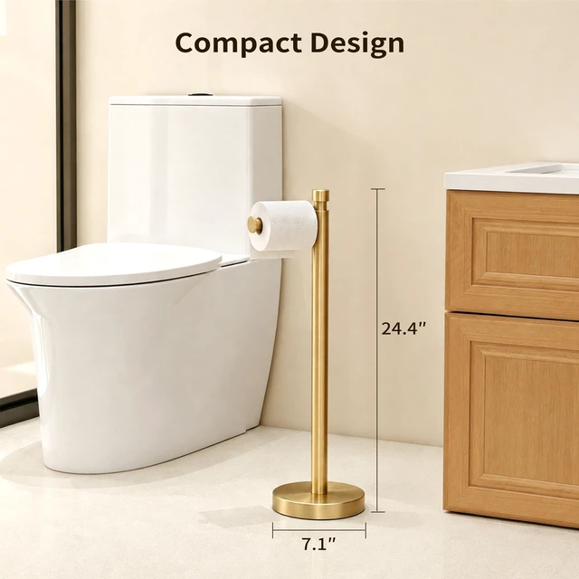 Alt view image 2 of 6 - Toilet Paper Holder Stand, 4.4lbs Heavy Duty, Brushed Gold Stainless Steel Design with Open-Arm Access for Bathrooms and Powder Rooms