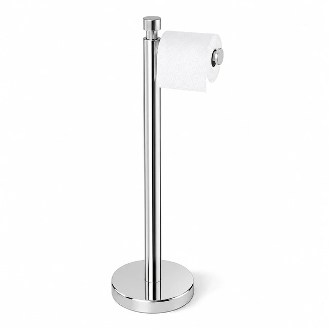 Main image of Toilet Paper Holder Stand with Weighted Base, Chrome Stainless Steel Design with Open-Arm Access for Bathrooms and Powder Rooms