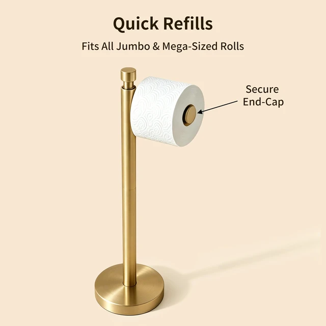 Alt view image 5 of 6 - Toilet Paper Holder Stand, 4.4lbs Heavy Duty, Brushed Gold Stainless Steel Design with Open-Arm Access for Bathrooms and Powder Rooms
