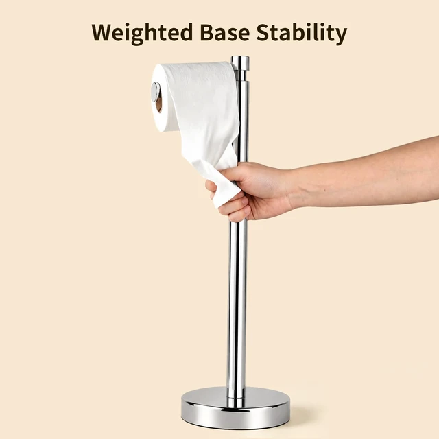 Alt view image 3 of 6 - Toilet Paper Holder Stand with Weighted Base, Chrome Stainless Steel Design with Open-Arm Access for Bathrooms and Powder Rooms