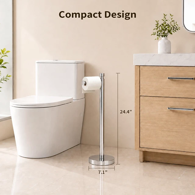 Alt view image 2 of 6 - Toilet Paper Holder Stand with Weighted Base, Chrome Stainless Steel Design with Open-Arm Access for Bathrooms and Powder Rooms