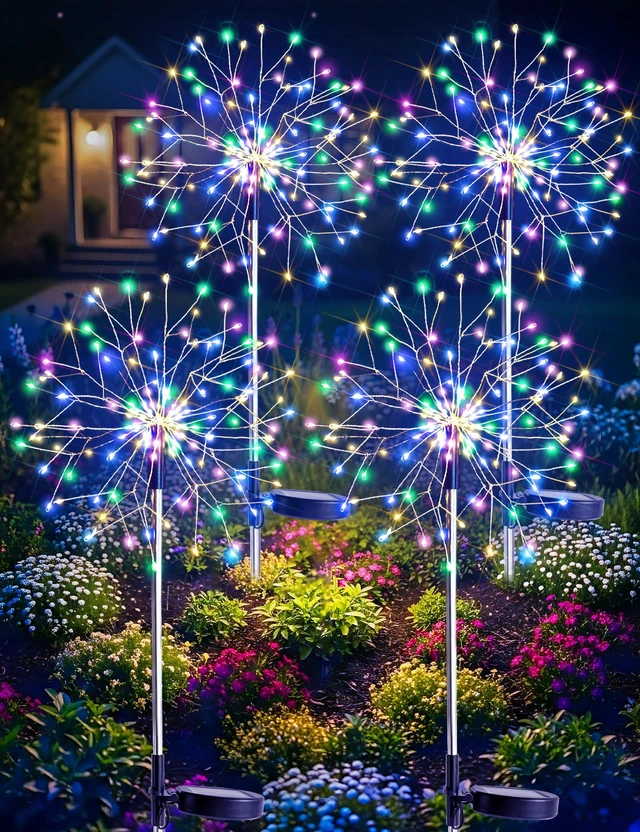 Main image of Solar Garden Lights Outdoor Waterproof Decorative, 4Pack 150LED Multicolor Firework Lights 8 Modes, Solar Fairy Lights for Yard, Patio, Pathway, Balcony Planter Flowerbed Party Outside Decor