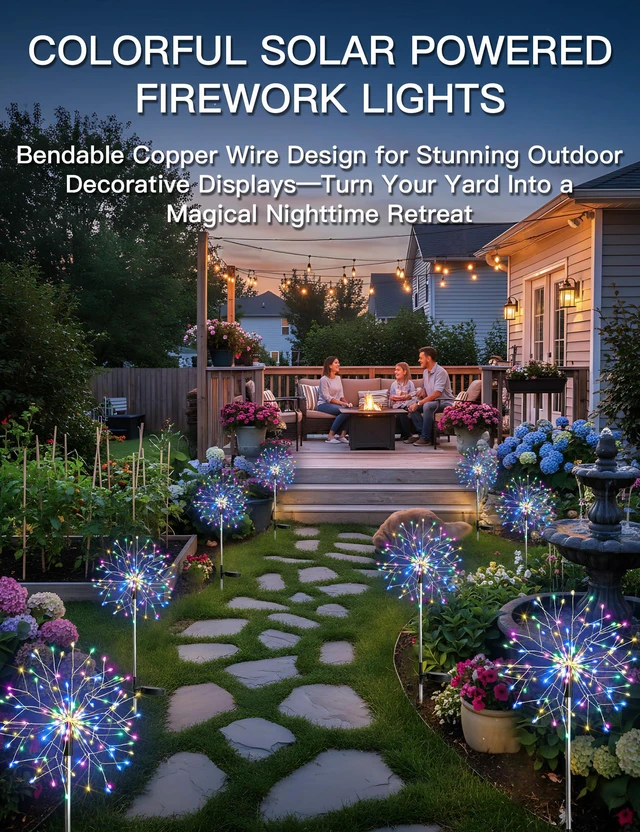 Alt view image 2 of 7 - Solar Garden Lights Outdoor Waterproof Decorative, 4Pack 150LED Multicolor Firework Lights 8 Modes, Solar Fairy Lights for Yard, Patio, Pathway, Balcony Planter Flowerbed Party Outside Decor