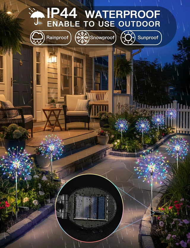 Alt view image 3 of 7 - Solar Garden Lights Outdoor Waterproof Decorative, 4Pack 150LED Multicolor Firework Lights 8 Modes, Solar Fairy Lights for Yard, Patio, Pathway, Balcony Planter Flowerbed Party Outside Decor