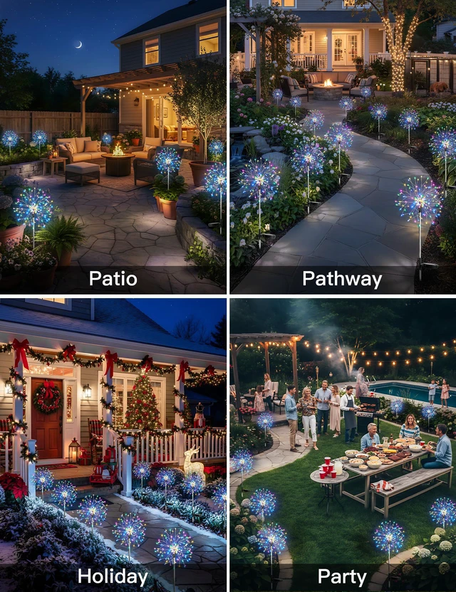 Alt view image 4 of 7 - Solar Garden Lights Outdoor Waterproof Decorative, 4Pack 150LED Multicolor Firework Lights 8 Modes, Solar Fairy Lights for Yard, Patio, Pathway, Balcony Planter Flowerbed Party Outside Decor