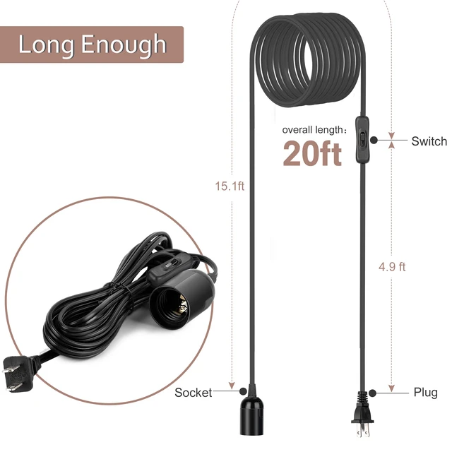 Alt view image 2 of 7 - 1 Pack UL-Listed 20Ft Extension Hanging Lantern Cord Cable Black 360W with E26 E27 Socket On/Off Button Pendant Lighting