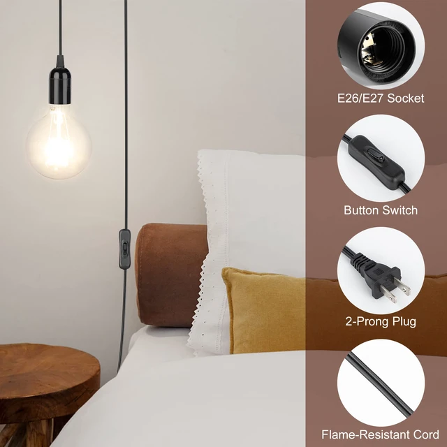 Alt view image 3 of 7 - 1 Pack UL-Listed 20Ft Extension Hanging Lantern Cord Cable Black 360W with E26 E27 Socket On/Off Button Pendant Lighting