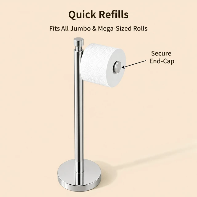 Alt view image 5 of 6 - Toilet Paper Holder Stand with Weighted Base, Chrome Stainless Steel Design with Open-Arm Access for Bathrooms and Powder Rooms