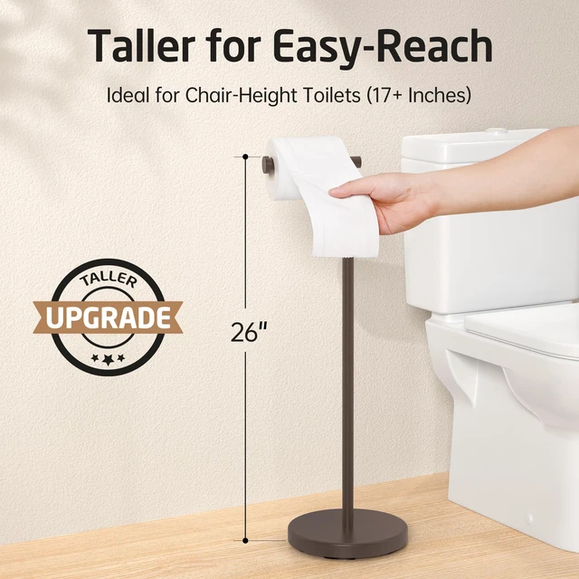 Alt view image 2 of 7 - Bronze Toilet Paper Holder Stand, 26" H Free Standing, Heavy Base 304 Stainless Steel, Cement-Filled Base, Anti-Slip Pad, Fits All Roll Sizes, 1-Min Assembly, No Drill