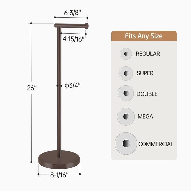 Alt view image 6 of 7 - Bronze Toilet Paper Holder Stand, 26" H Free Standing, Heavy Base 304 Stainless Steel, Cement-Filled Base, Anti-Slip Pad, Fits All Roll Sizes, 1-Min Assembly, No Drill