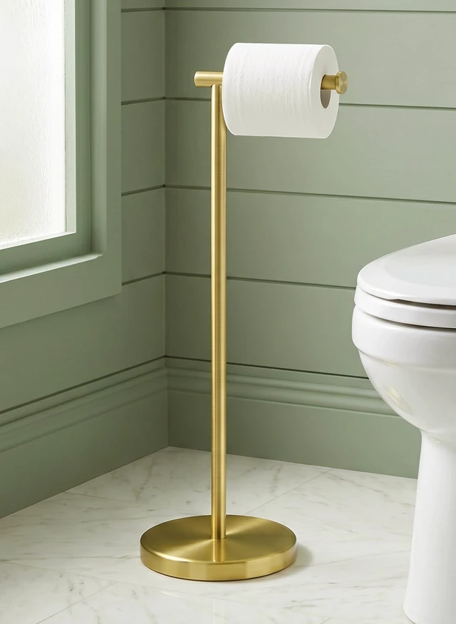 Main image of Gold Toilet Paper Holder Stand, 26" H (Taller Version), Weighted Base Weighted Base, Rustproof, Anti-Slip, Fits All Roll Sizes, No Drilling, Easy Assembly