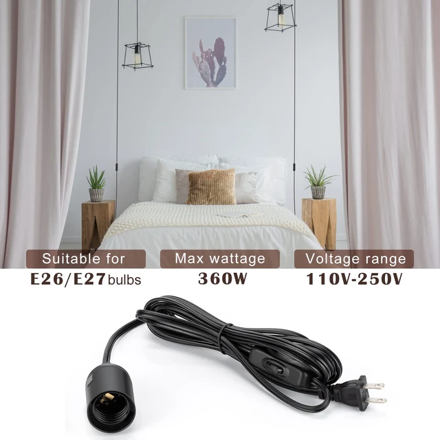 Alt view image 6 of 7 - 1 Pack UL-Listed 20Ft Extension Hanging Lantern Cord Cable Black 360W with E26 E27 Socket On/Off Button Pendant Lighting
