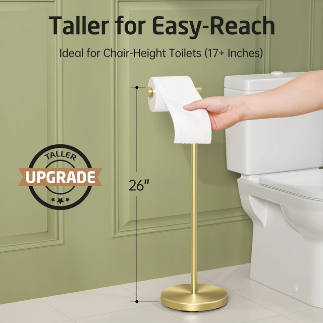 Alt view image 2 of 7 - Gold Toilet Paper Holder Stand, 26" H (Taller Version), Weighted Base Weighted Base, Rustproof, Anti-Slip, Fits All Roll Sizes, No Drilling, Easy Assembly
