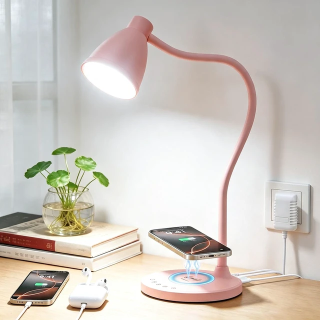 Main image of Cute Desk Lamp for Home Office with USB C+A Charging Port Timer Pink LED Desk Light with Wireless Charger 5 Colors Stepless Dimming Reading Light Touch Bedside Table Lamp for College Dorm Room