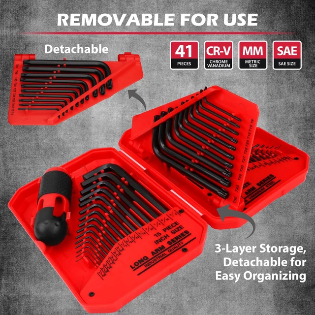 Alt view image 5 of 7 - 41-Piece Hex Key Allen Wrench Set, L Shape Hex and Torx Key Wrenches with Torque Handle | SAE(0.028"-3/8") | Metric(0.7mm-10mm) | Torx(T9-T50) in 3-Layer Storage Case, Heat Treated Cr-V Steel