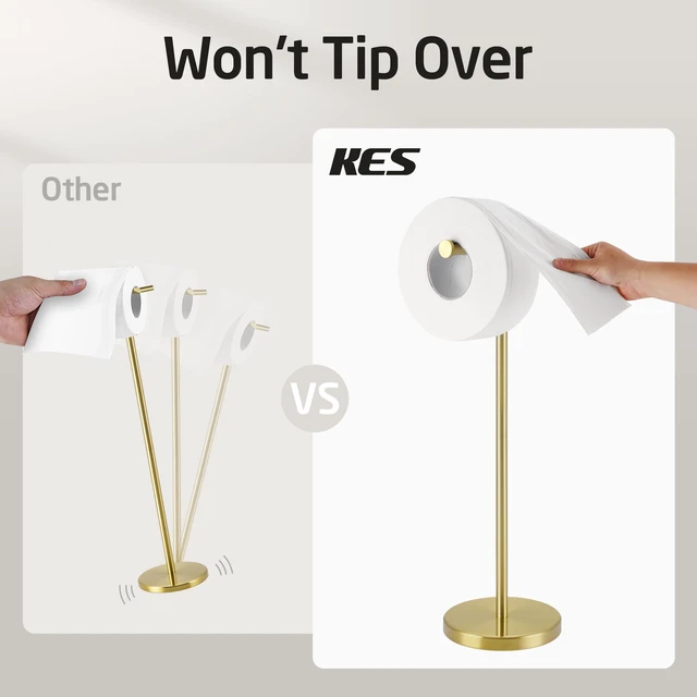 Alt view image 3 of 7 - Gold Toilet Paper Holder Stand, 26" H (Taller Version), Weighted Base Weighted Base, Rustproof, Anti-Slip, Fits All Roll Sizes, No Drilling, Easy Assembly