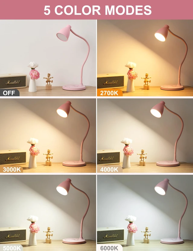 Alt view image 2 of 7 - Cute Desk Lamp for Home Office with USB C+A Charging Port Timer Pink LED Desk Light with Wireless Charger 5 Colors Stepless Dimming Reading Light Touch Bedside Table Lamp for College Dorm Room