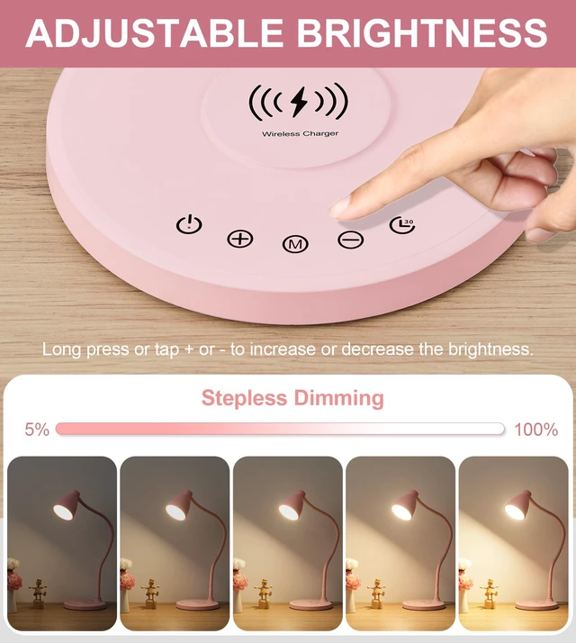 Alt view image 3 of 7 - Cute Desk Lamp for Home Office with USB C+A Charging Port Timer Pink LED Desk Light with Wireless Charger 5 Colors Stepless Dimming Reading Light Touch Bedside Table Lamp for College Dorm Room