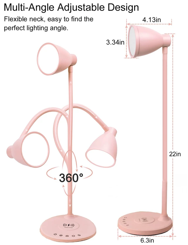 Alt view image 6 of 7 - Cute Desk Lamp for Home Office with USB C+A Charging Port Timer Pink LED Desk Light with Wireless Charger 5 Colors Stepless Dimming Reading Light Touch Bedside Table Lamp for College Dorm Room