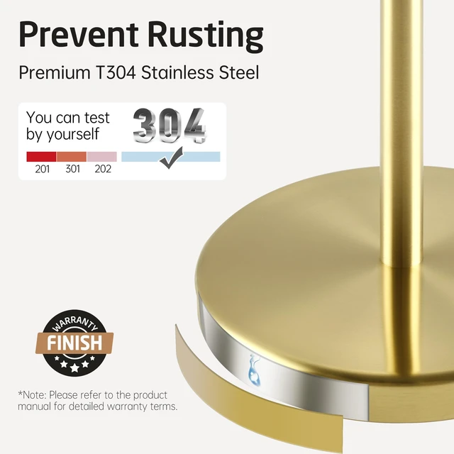 Alt view image 6 of 7 - Gold Toilet Paper Holder Stand, 26" H (Taller Version), Weighted Base Weighted Base, Rustproof, Anti-Slip, Fits All Roll Sizes, No Drilling, Easy Assembly
