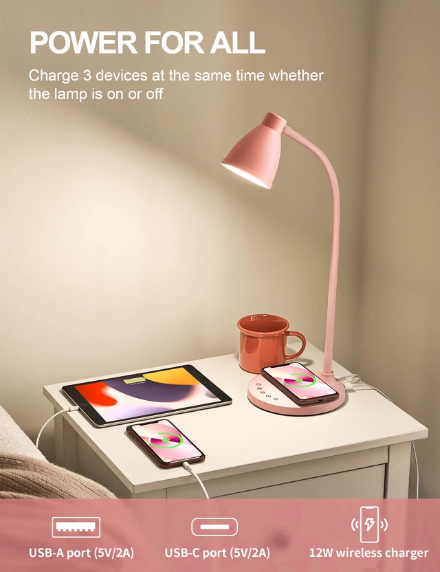 Alt view image 4 of 7 - Cute Desk Lamp for Home Office with USB C+A Charging Port Timer Pink LED Desk Light with Wireless Charger 5 Colors Stepless Dimming Reading Light Touch Bedside Table Lamp for College Dorm Room